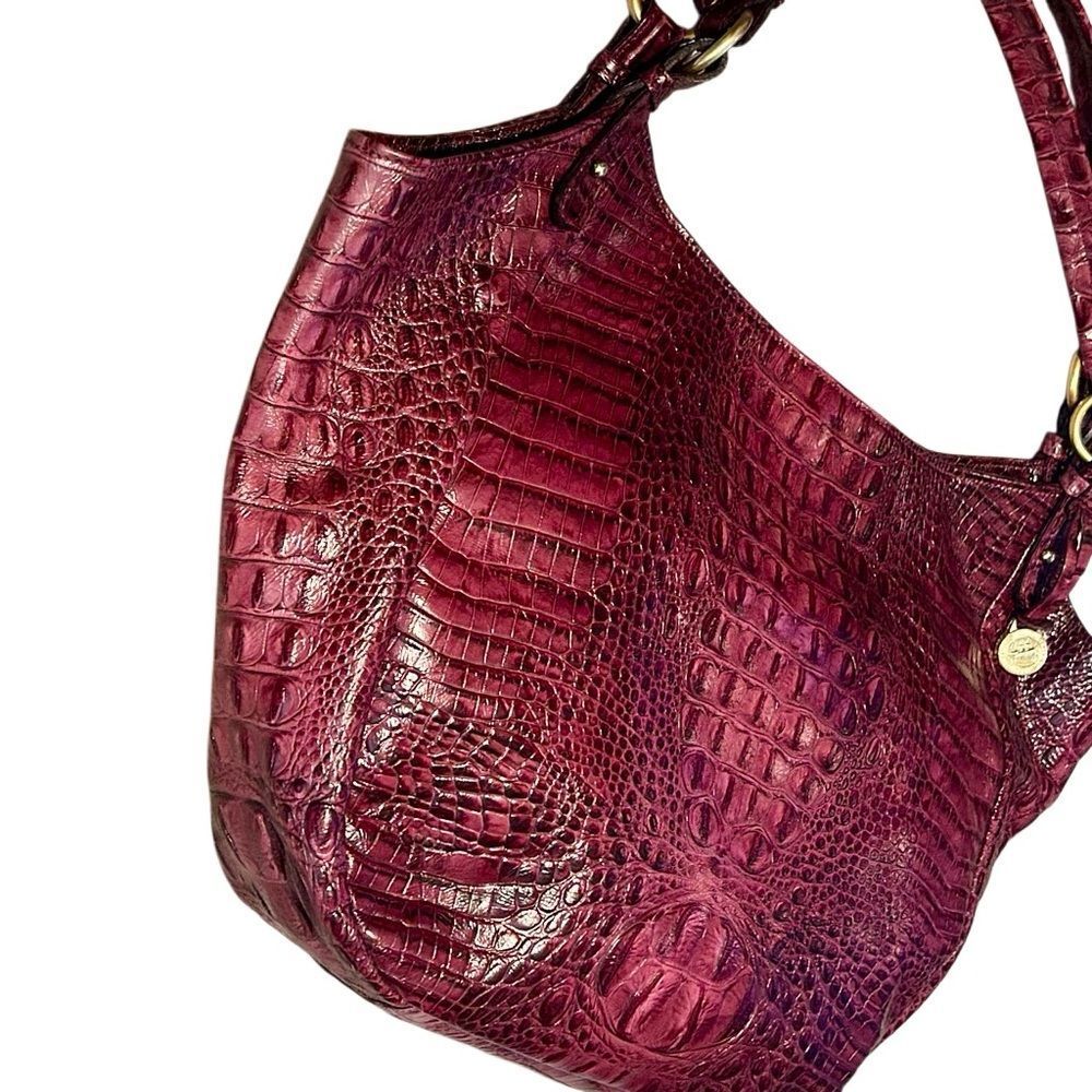 Brahmin Jacqueline Melbourne Fig Croc Embossed Wine Hobo Shoulder Bag Tote Gold - Picture 11 of 16